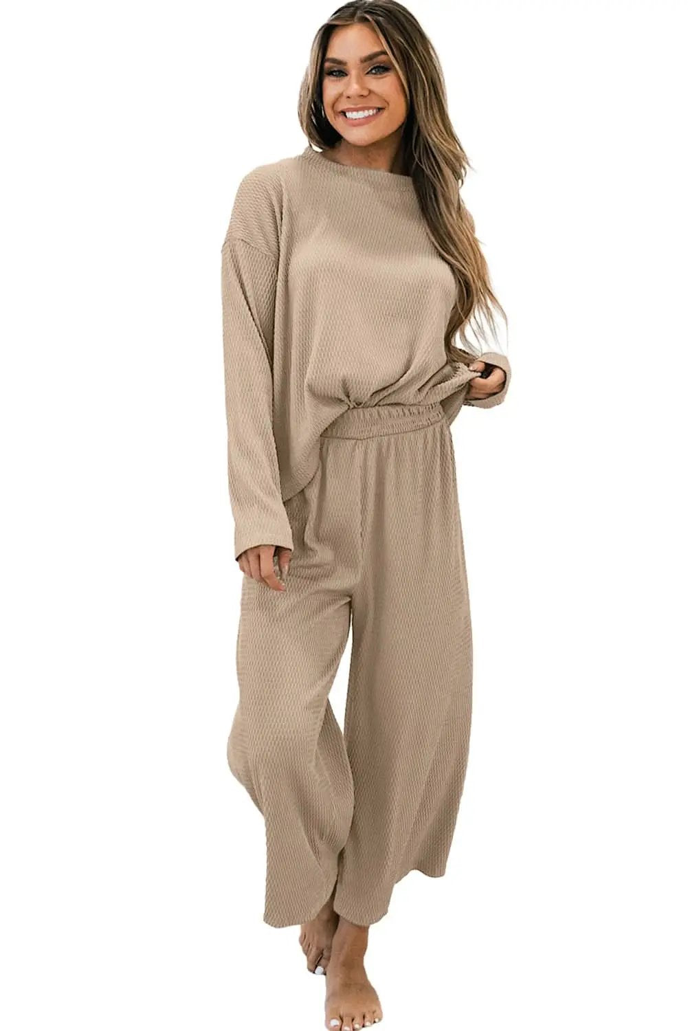 Smoke Gray Loose Textured Pullover and Pants Outfit - Love Salve